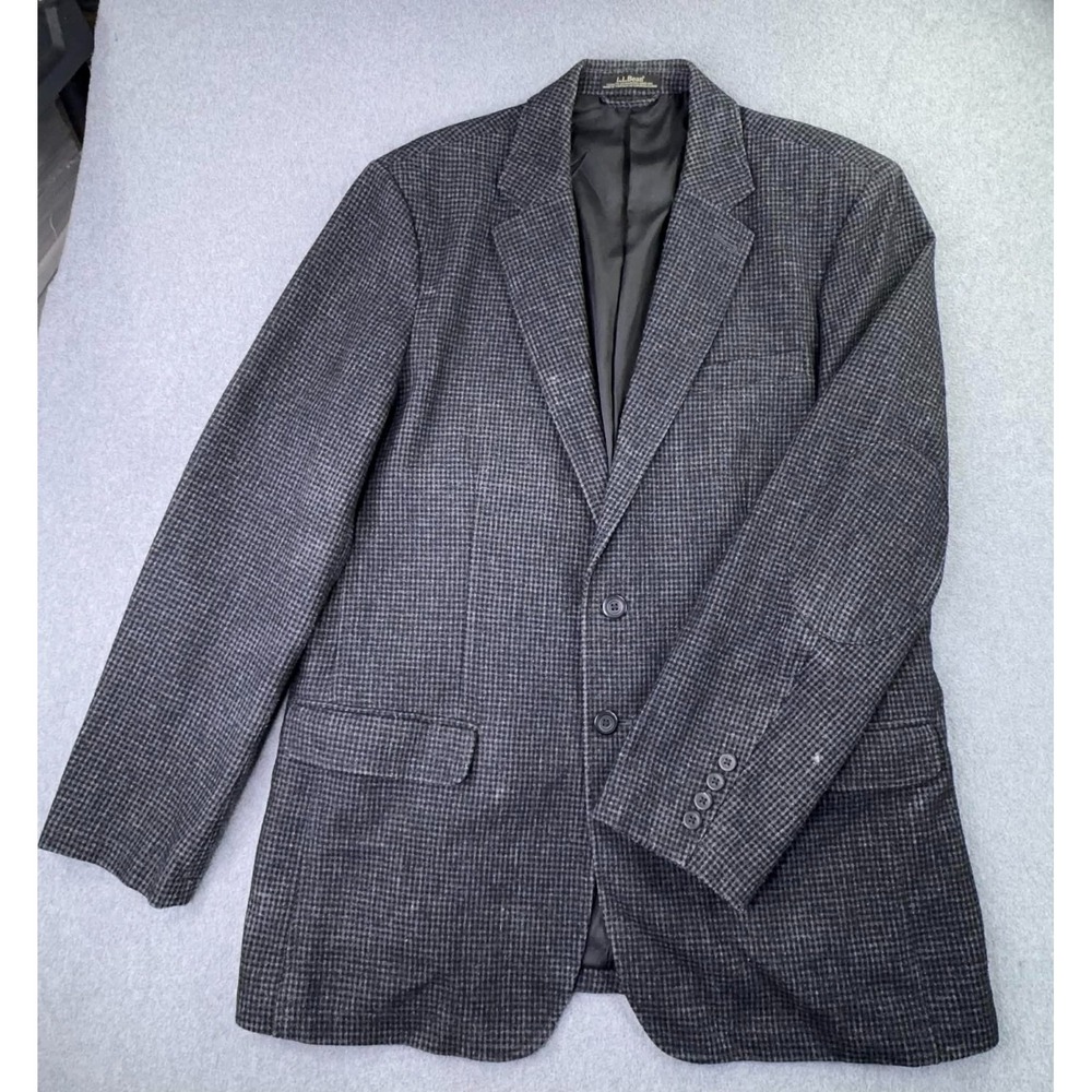 L.L‎ Bean Wool Sport Coat Men's 44 Tall Black Houndstooth Jacket Utility Pockets